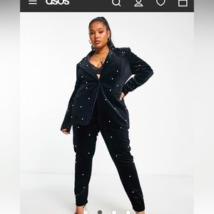 ASOS LUXE Curve pearl velvet suit fitted blazer in black size 14
